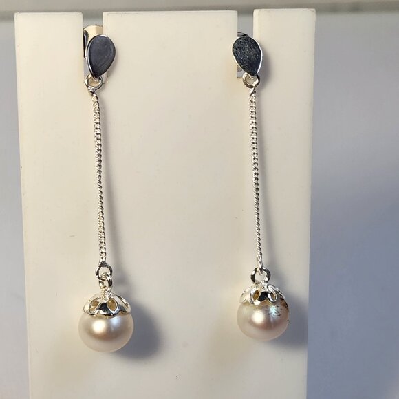 VTG 925 Honora/Tiffany's Style Dangle Drop Pearl Signed Ornate 2" Stud Earrings - Picture 6 of 15